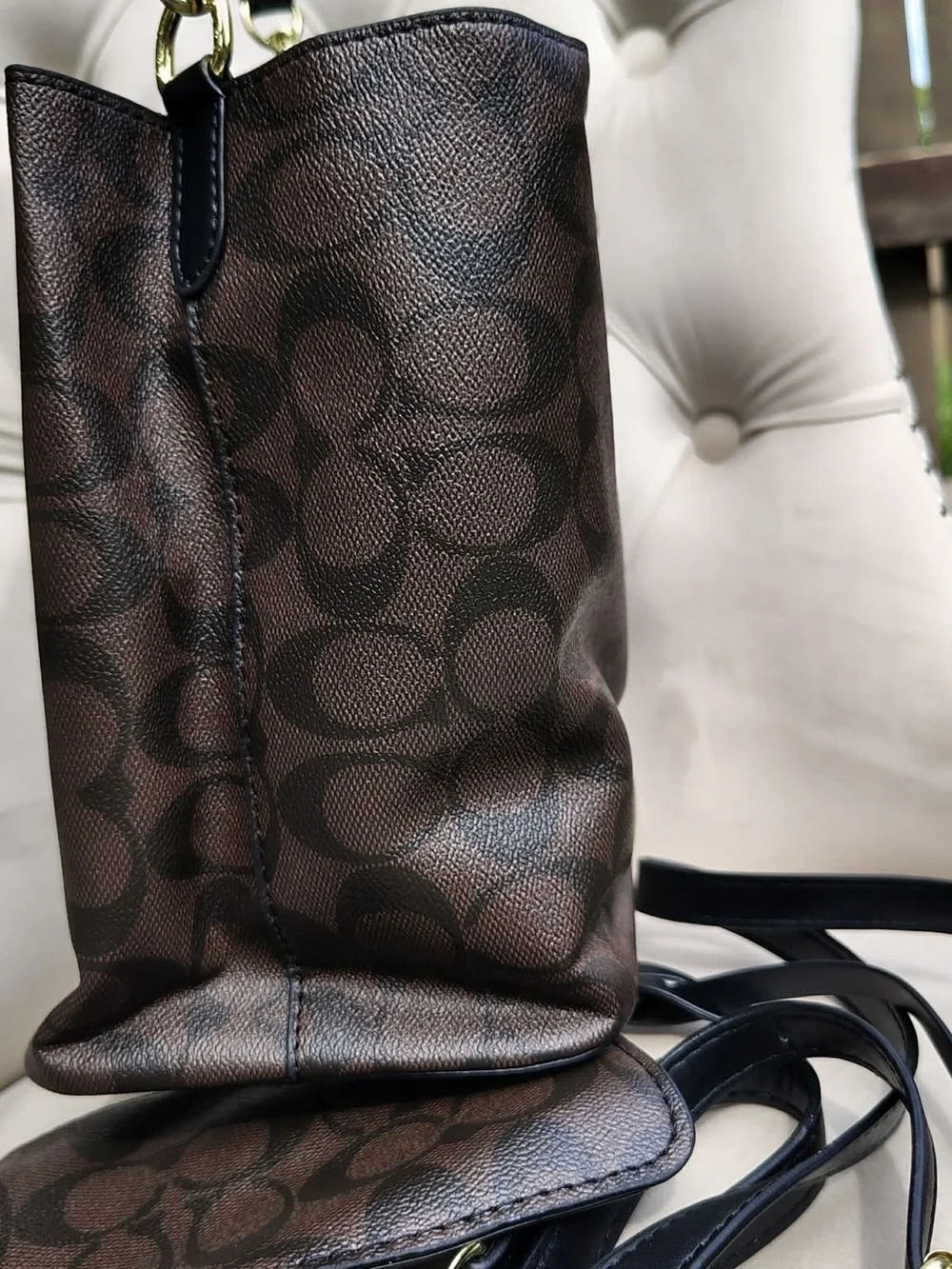Coach Brown Signature Drawstring Tote with Black Trim and Gold Hardware